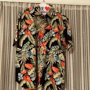 Men’s large jungle print Hawaiian shirt. Orange, black, green and yellow.